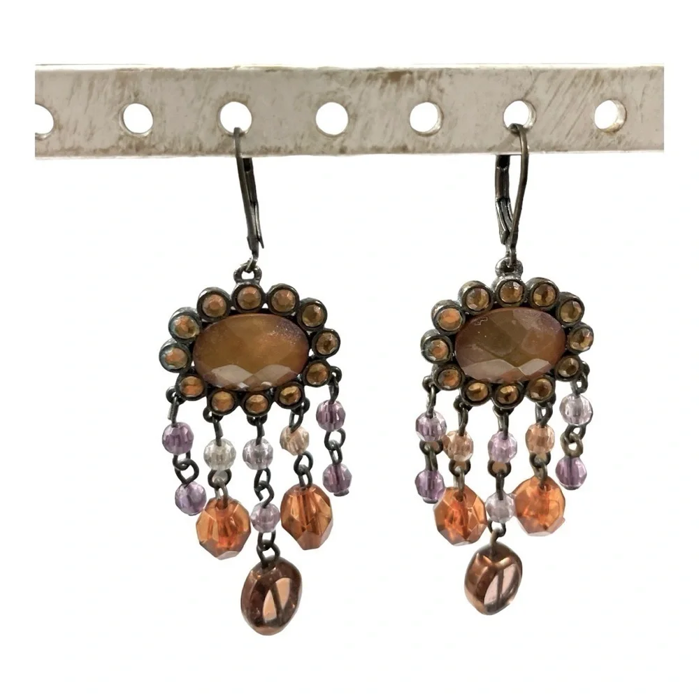 Chandelier earrings with Amber color, purple light brown bronze